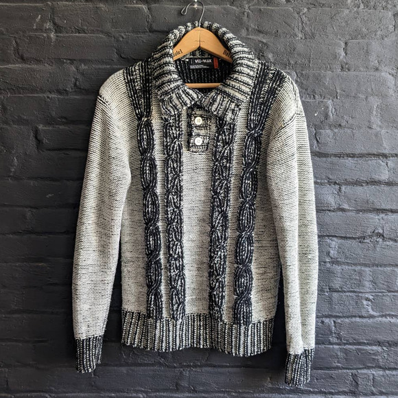 Vintage Other - Vintage Wool Chic Cable Knit Black Grey Monotone Chunky Turtleneck Sweater